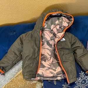The North Face Reversible Olive Jacket with Orange Accents